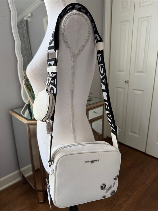 Karl Lagerfeld Handbags - Karl Lagerfeld White Pebbled Crossbody Shoulder Bag w/ Iconic Logo Strap & Pouch
